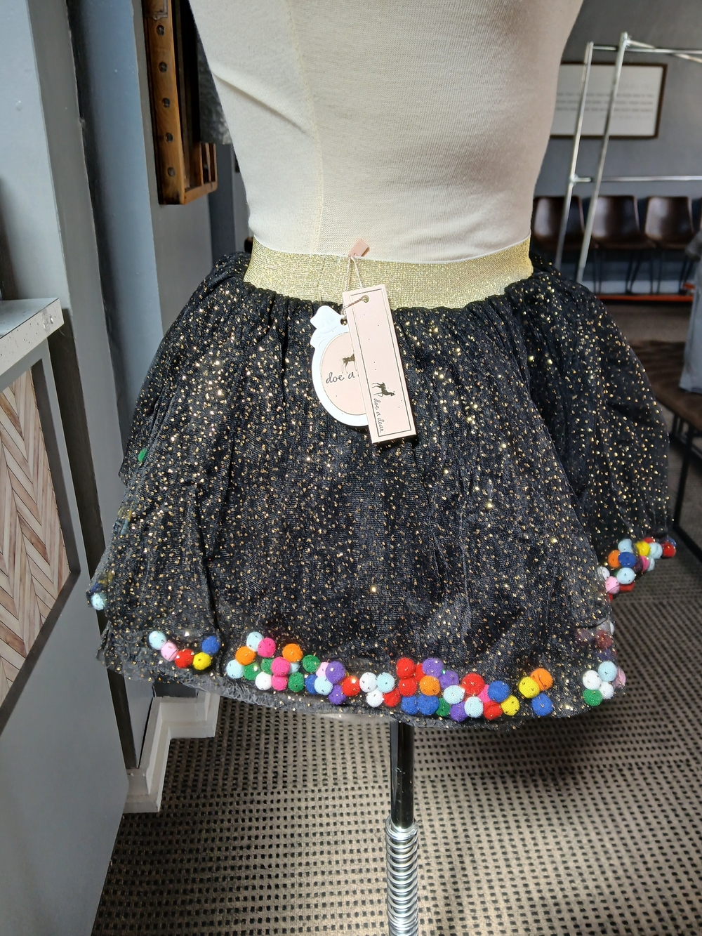 Girls Black Glitter Tulle Skirt with Gold Waistband and Colorful Pom-Poms